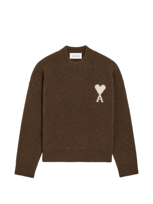 AMI Paris Ami de Coeur Wool Crewneck Sweater — Brown