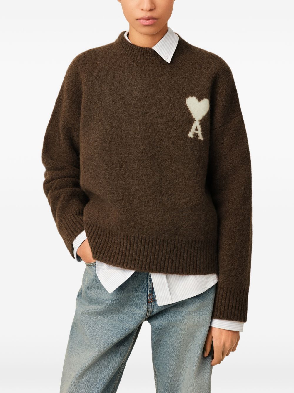AMI Paris Ami de Coeur Wool Crewneck Sweater — Brown