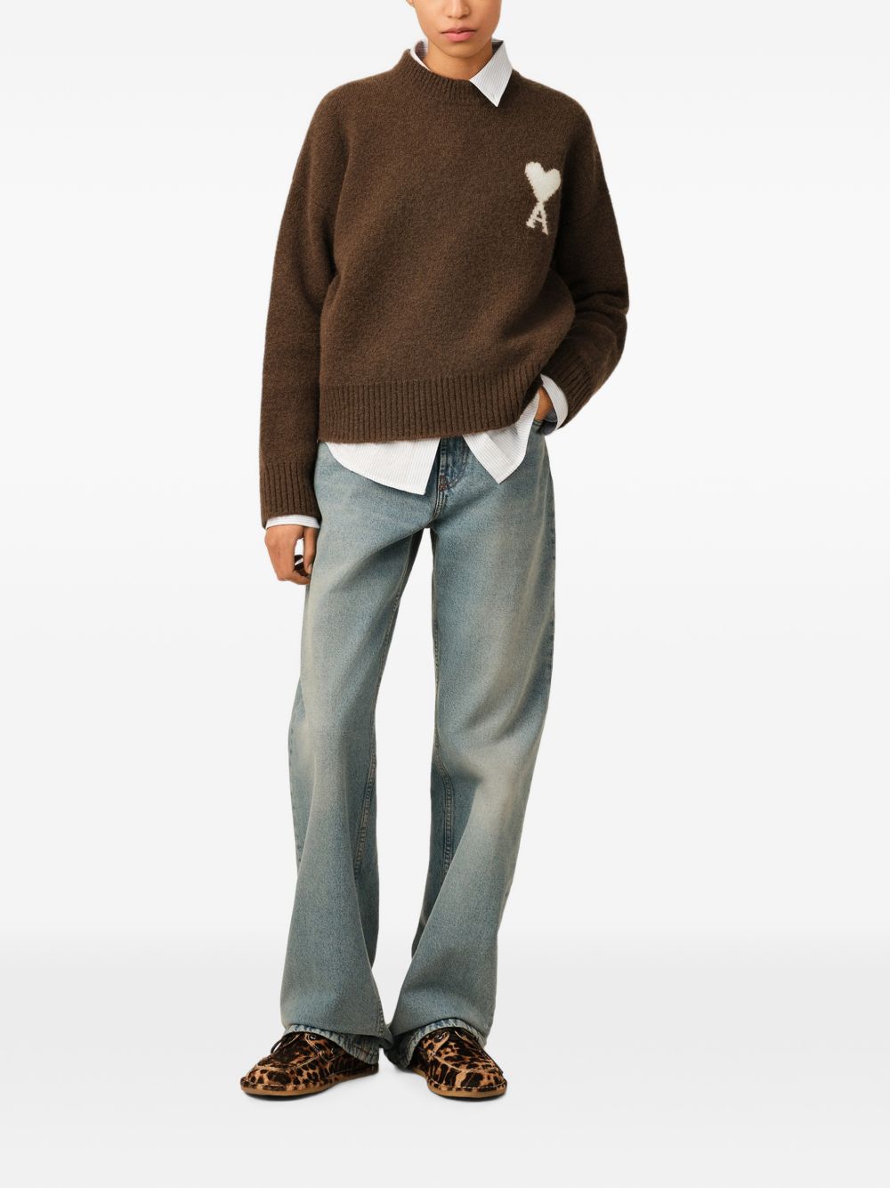AMI Paris Ami de Coeur Wool Crewneck Sweater — Brown
