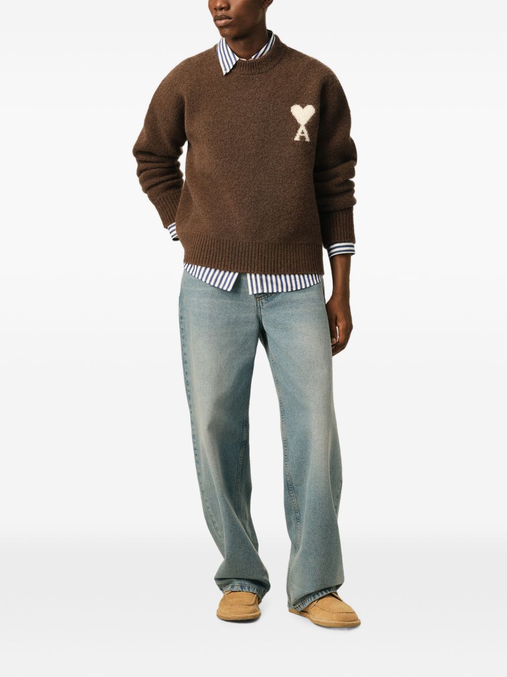 AMI Paris Ami de Coeur Wool Crewneck Sweater — Brown