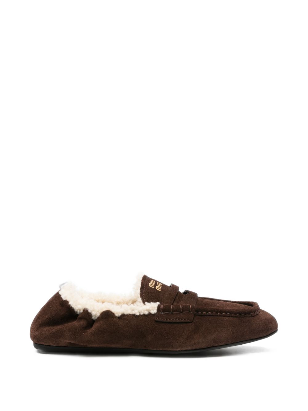 Miu Miu Ruches Leather Loafers — Brown