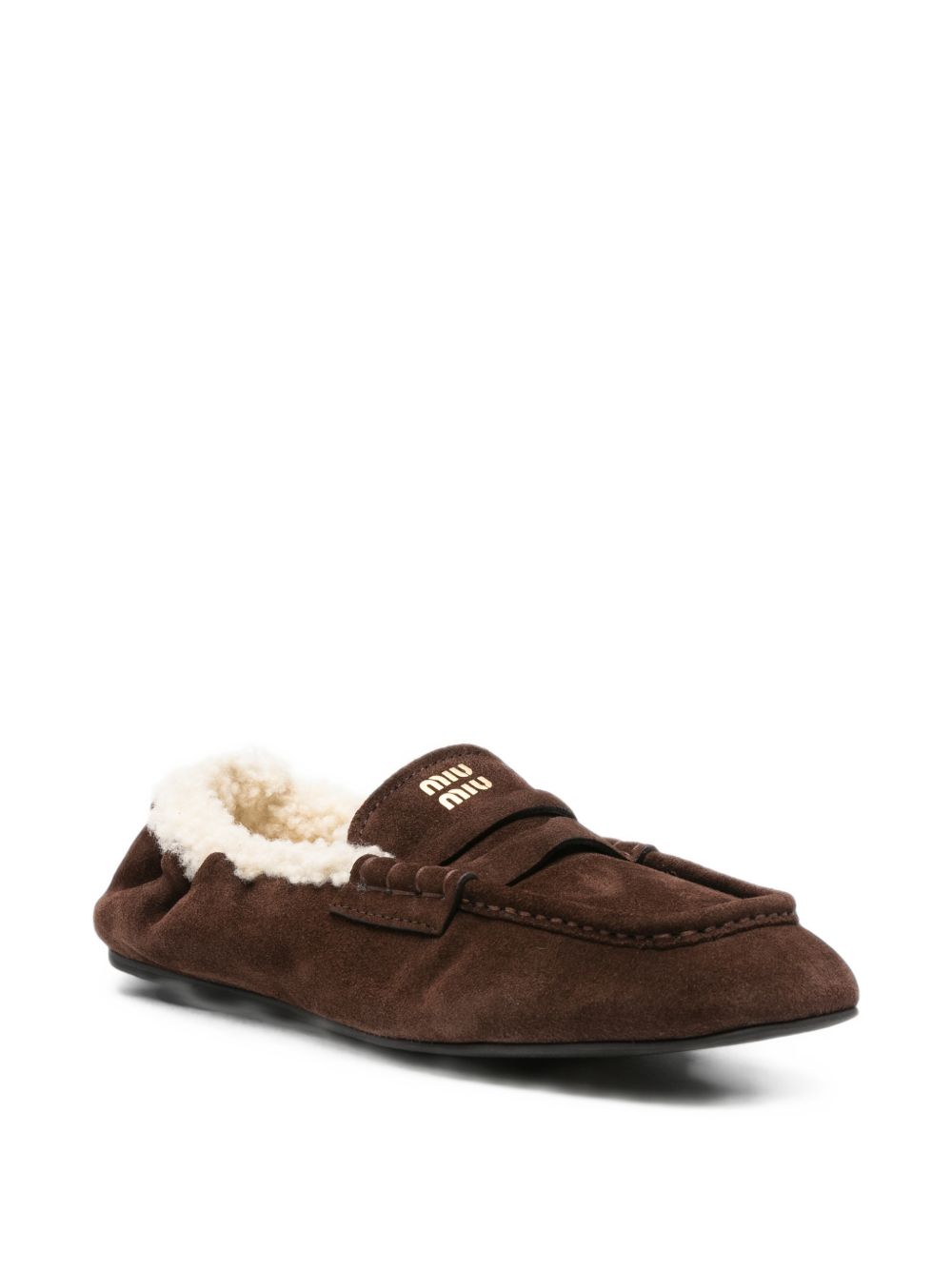Miu Miu Ruches Leather Loafers — Brown