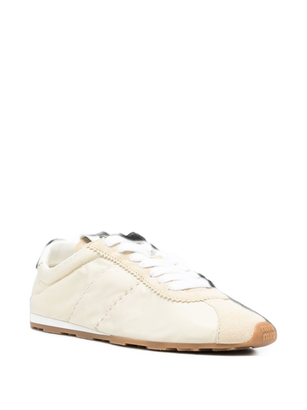 Miu Miu Plume Nylon and Leather Sneakers — Ecru