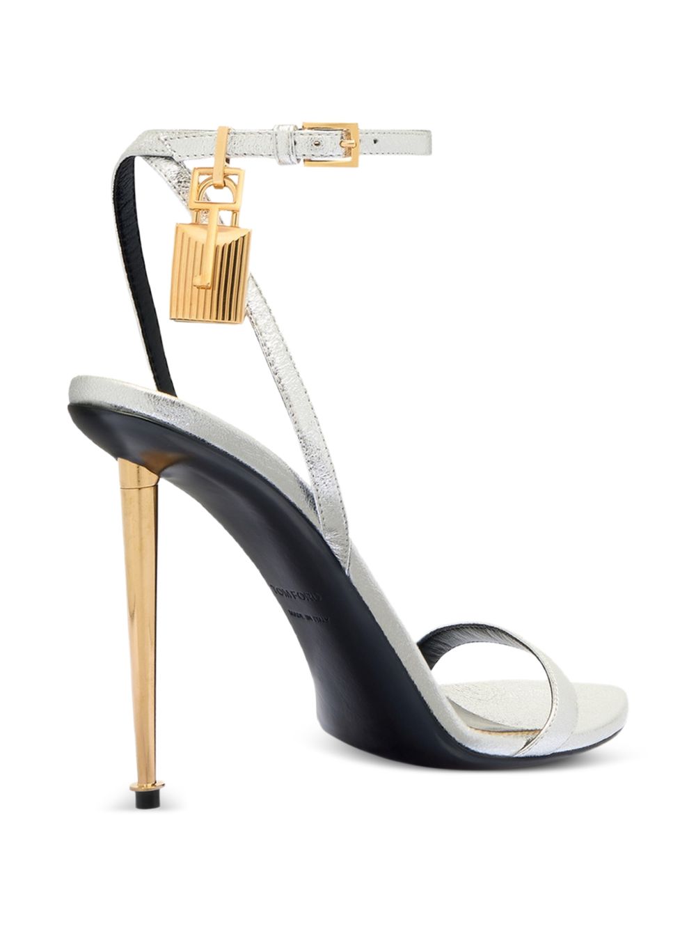 Tom Ford Padlock Leather Heel Sandals — Silver/Gold