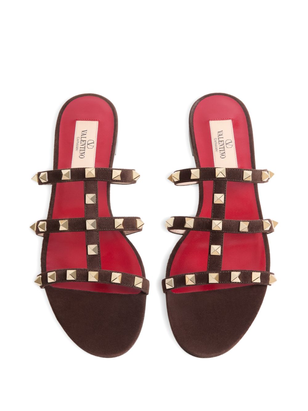 Valentino Garavani Rockstud Flat Leather Sandals — Brown