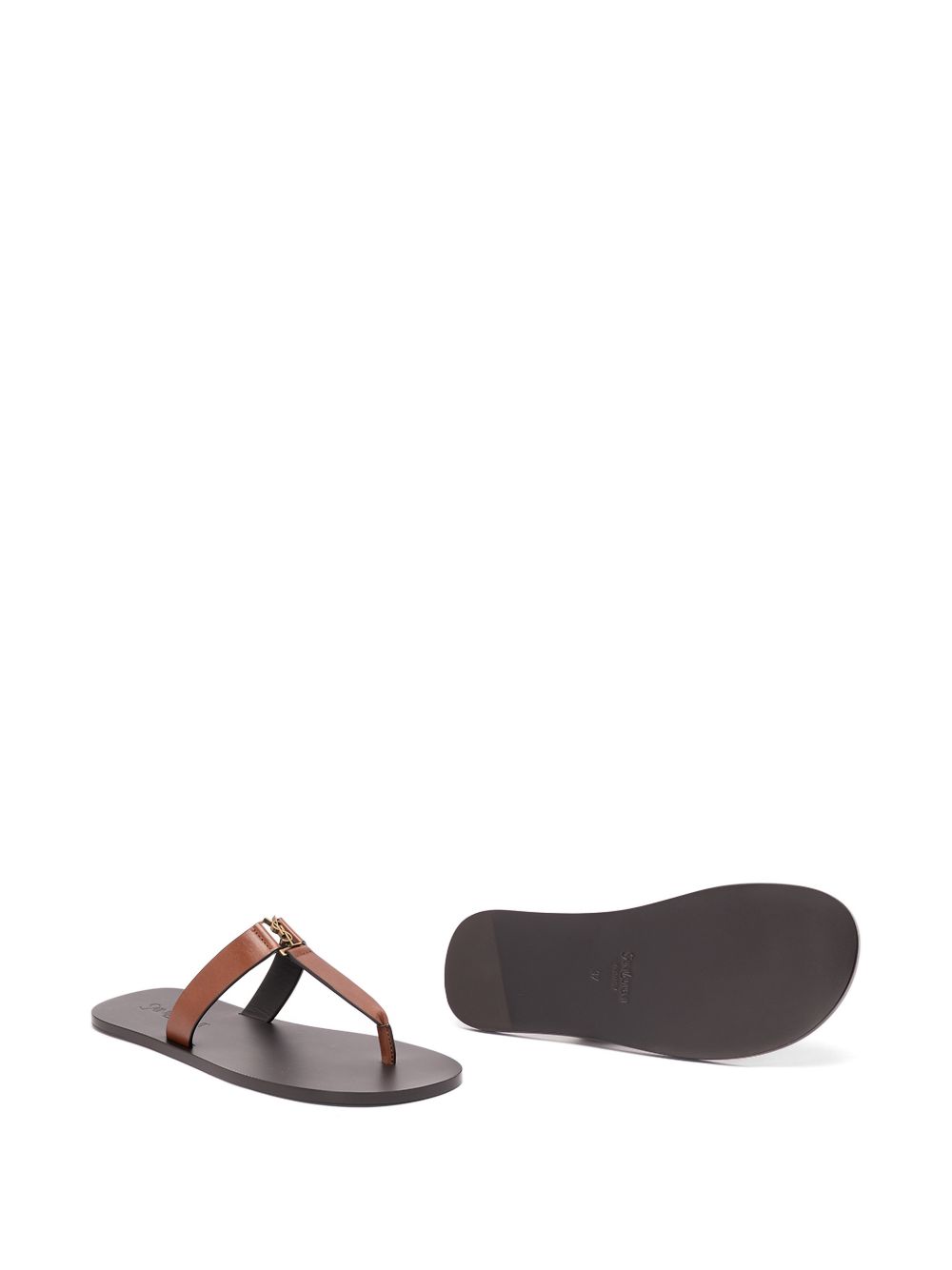 Saint Laurent Cassandra Leather Thong Sandals — Brown
