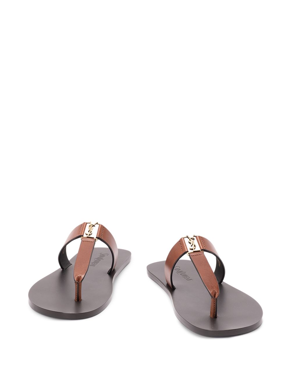 Saint Laurent Cassandra Leather Thong Sandals — Brown