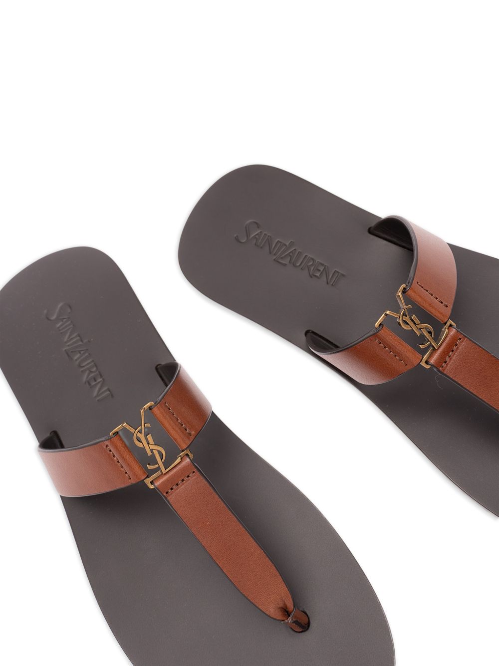 Saint Laurent Cassandra Leather Thong Sandals — Brown