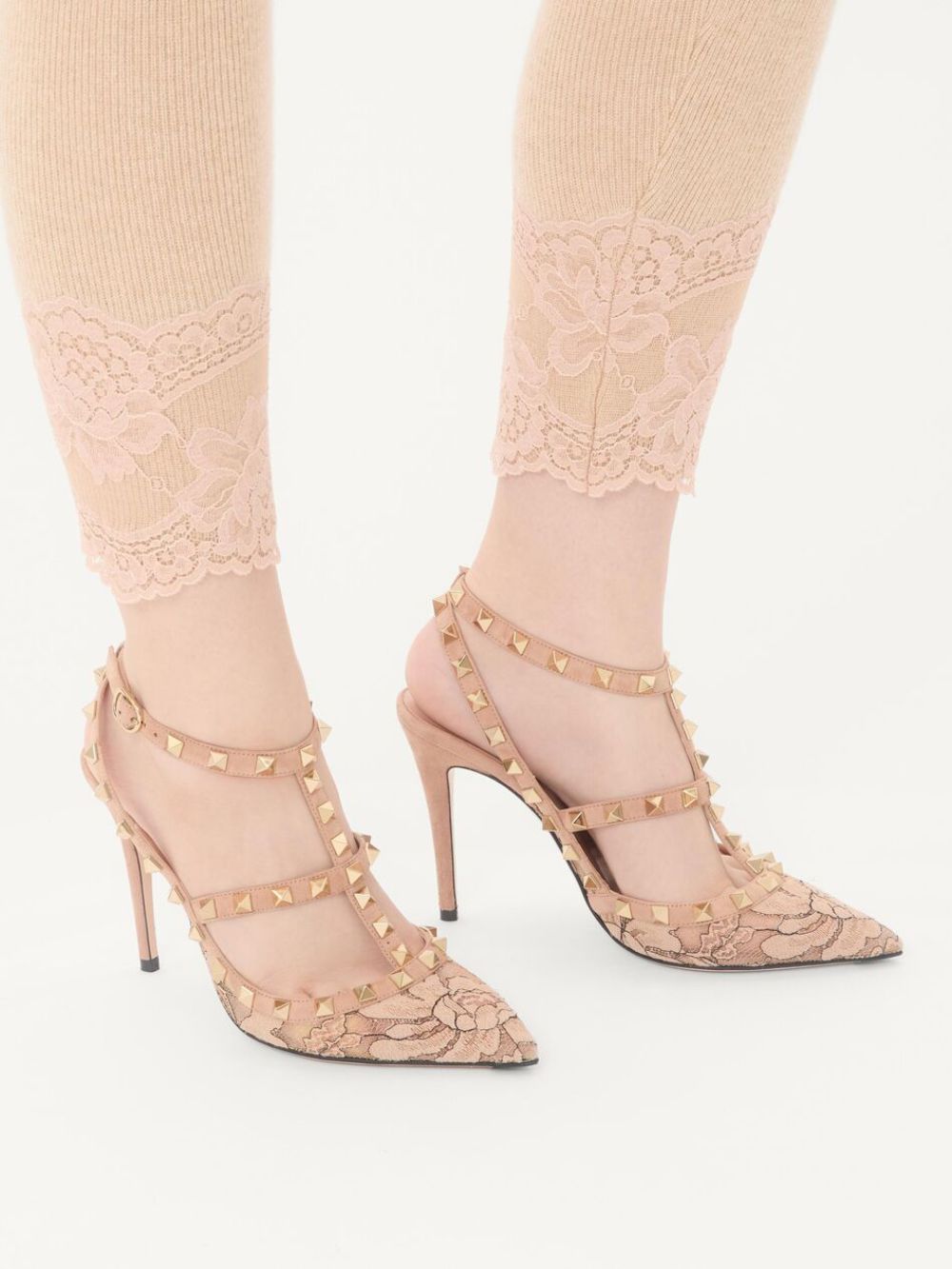 Valentino Garavani Rockstud Lace Pumps — Black/Powder Pink