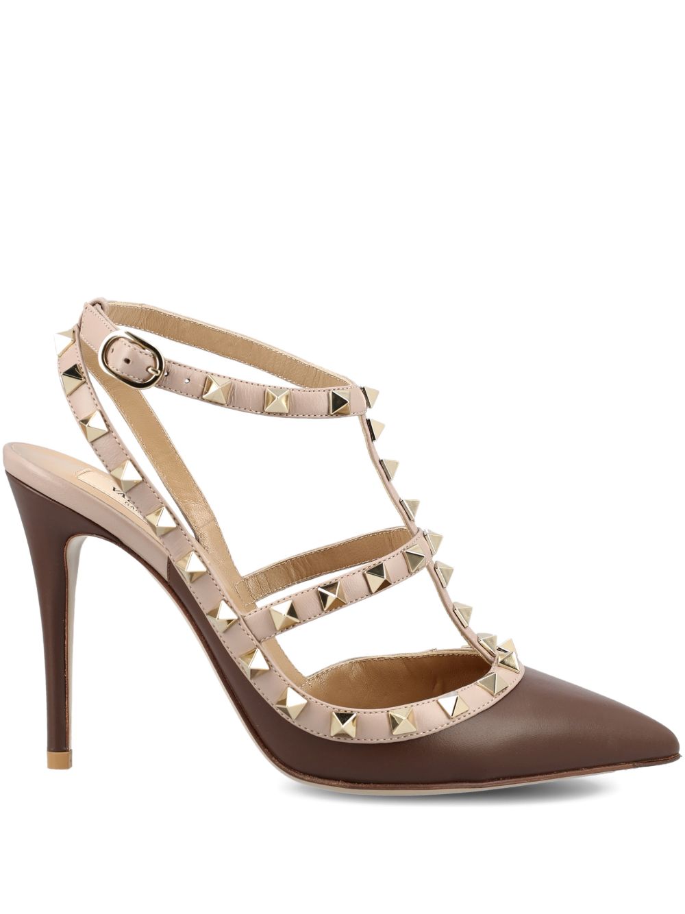 Valentino Garavani Rockstud Leather Pumps — Brown/Powder Pink